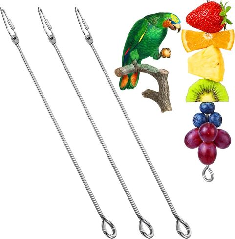 3Pcs Bird Cage Food Holder with Hook, 10.6 Inch Stainless Steel Bird Food Skewers, Fruit & Vegetable Holder for Parrot, Macaw, Budgie & Parakeet, Hanging Foraging Toy for Cage Enrichment in Saudi Arabia