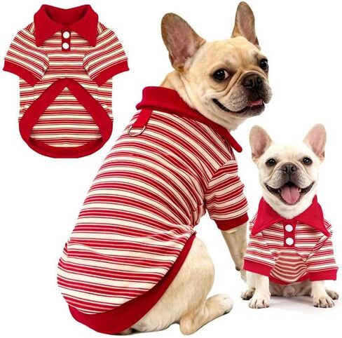 تيشيرتات بولو من الصوف للكلاب مع حلقة مقود خفيفة الوزن وقابلة للتمدد ملابس للكلاب مخططة وأكمام قصيرة سترة للحيوانات الأليفة قمصان ناعمة للكلاب المتوسطة الصغيرة تشيهواهوا ودشهند وبلدغ (أحمر، صغير) in Kuwait