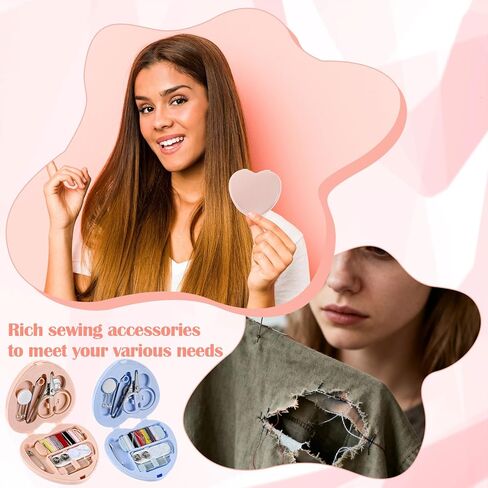 grevosea 2 حزمة مجموعة الخياطة الصغيرة للسفر، على شكل قلب مجموعة الخياطة السفر المحمولة، DIY لوازم الخياطة مع المواضيع مقص الإبر إصلاح الطوارئ للنساء أمي المسافر البالغين المبتدئين in Kuwait