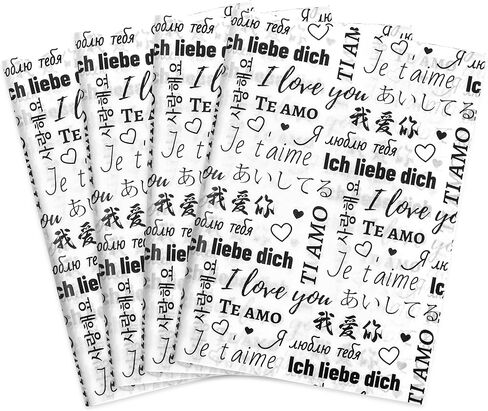 MR FIVE 100 Sheets Black I Love You Tissue Paper Bulk,14" x 20",White with Black Multi-Language Design Tissue Paper for Gift Bags Birthday,Valentine's,Mother's Day,Weddings in Saudi Arabia