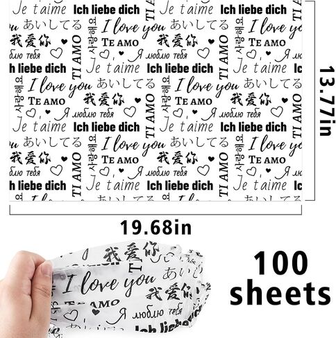 MR FIVE 100 Sheets Black I Love You Tissue Paper Bulk,14" x 20",White with Black Multi-Language Design Tissue Paper for Gift Bags Birthday,Valentine's,Mother's Day,Weddings in Saudi Arabia