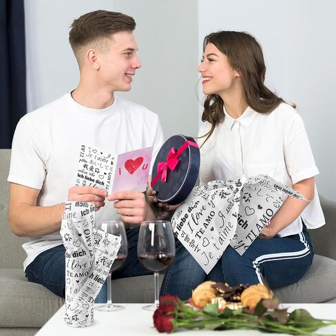 MR FIVE 100 Sheets Black I Love You Tissue Paper Bulk,14" x 20",White with Black Multi-Language Design Tissue Paper for Gift Bags Birthday,Valentine's,Mother's Day,Weddings in Saudi Arabia