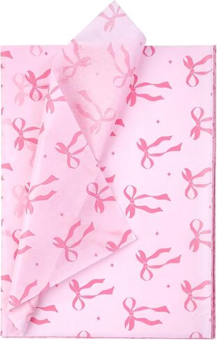 WRAPAHOLIC Pink Bow Tissue Paper - 60 Sheets 14 x 20 Inch Pink Ribbon Bow and Sparkling Stars Tissue Paper Bulk for Baby Showers Girls Birthday Art Craft Party Favor Decoration in Saudi Arabia