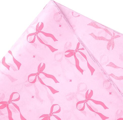 WRAPAHOLIC Pink Bow Tissue Paper - 60 Sheets 14 x 20 Inch Pink Ribbon Bow and Sparkling Stars Tissue Paper Bulk for Baby Showers Girls Birthday Art Craft Party Favor Decoration in Saudi Arabia