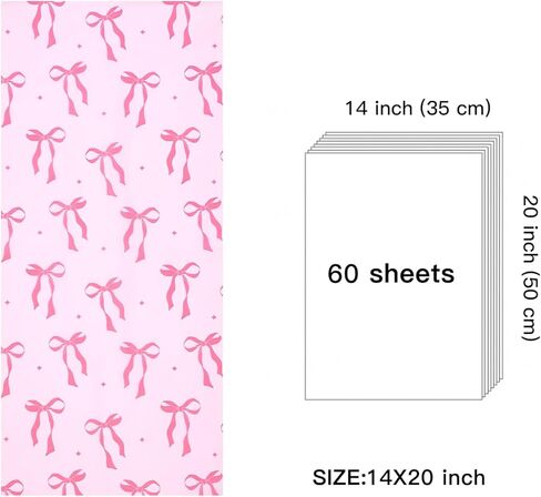 WRAPAHOLIC Pink Bow Tissue Paper - 60 Sheets 14 x 20 Inch Pink Ribbon Bow and Sparkling Stars Tissue Paper Bulk for Baby Showers Girls Birthday Art Craft Party Favor Decoration in Saudi Arabia