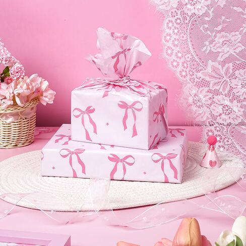 WRAPAHOLIC Pink Bow Tissue Paper - 60 Sheets 14 x 20 Inch Pink Ribbon Bow and Sparkling Stars Tissue Paper Bulk for Baby Showers Girls Birthday Art Craft Party Favor Decoration in Saudi Arabia