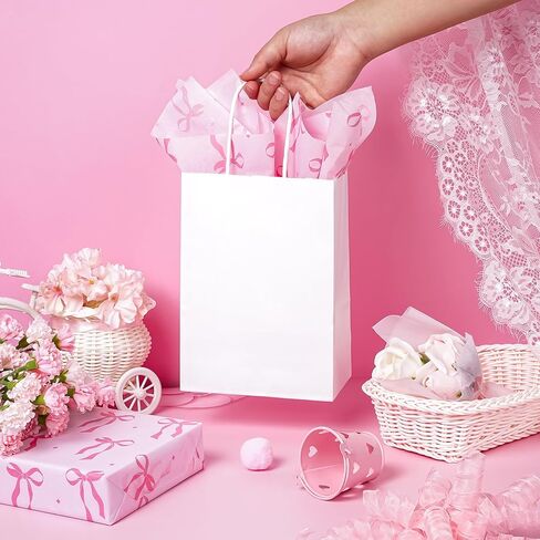 WRAPAHOLIC Pink Bow Tissue Paper - 60 Sheets 14 x 20 Inch Pink Ribbon Bow and Sparkling Stars Tissue Paper Bulk for Baby Showers Girls Birthday Art Craft Party Favor Decoration in Saudi Arabia