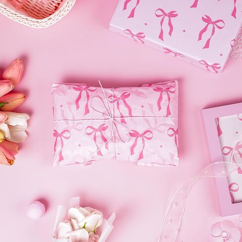WRAPAHOLIC Pink Bow Tissue Paper - 60 Sheets 14 x 20 Inch Pink Ribbon Bow and Sparkling Stars Tissue Paper Bulk for Baby Showers Girls Birthday Art Craft Party Favor Decoration in Saudi Arabia