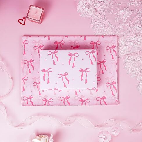 WRAPAHOLIC Pink Bow Tissue Paper - 60 Sheets 14 x 20 Inch Pink Ribbon Bow and Sparkling Stars Tissue Paper Bulk for Baby Showers Girls Birthday Art Craft Party Favor Decoration in Saudi Arabia