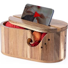 وعاء غزل خشبي كبير مع غطاء من ليتل وورلد، حامل غزل كروشيه بيضاوي للحياكة مع فتحات تجعيد مزدوجة لمنع التشابك، هدية للحياكة والكروشيه in Kuwait