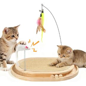 Cat Scratcher, Natural Sisal Scratching Pad, Kitten Interactive Toy with Ball Track & 3 Spring Plush Toys for Chasing Hunting Exercise, Round Wooden Cat Scratchers for Indoor in Kuwait