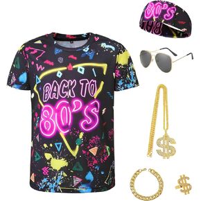 80s 90s Outfits for Boys 6 Pcs Hip Hop Rapper Accessories Kids Colorful T Shirt Costume for Cosplay Theme Party in Saudi Arabia