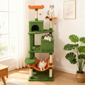 DORTALA 75 بوصة شجرة قطط حديثة طويلة، برج قطط متعدد المستويات مع شقق كبيرة، أعمدة خدش سيزال، مجثم علوي، أرجوحة، كرات متدلية، أسرة قطط وأثاث تسلق للقطط الداخلية (أخضر وبرتقالي) in Kuwait
