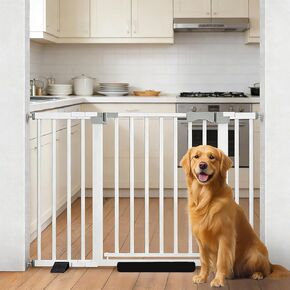 بوابة أطفال واسعة مقاس 29.9-46 بوصة للباب والسلالم، بوابة أمان للكلاب والحيوانات الأليفة مع 3 ملحقات، حاجز فولاذي قابل للتعديل للمداخل والممرات، سهل التركيب باللون الأبيض in Kuwait