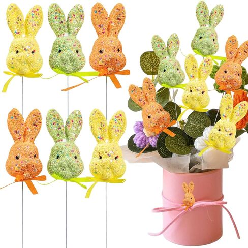 AUOCATTAIL 6 Pcs Easter Bunny Floral Picks Glitter Puffy Foam Colorful Rabbit Stems with Ribbon Bows Table Centerpiece Decoration Cake Topper Ornament for Easter Vase Farmhouse Holiday Party Supplies in Saudi Arabia