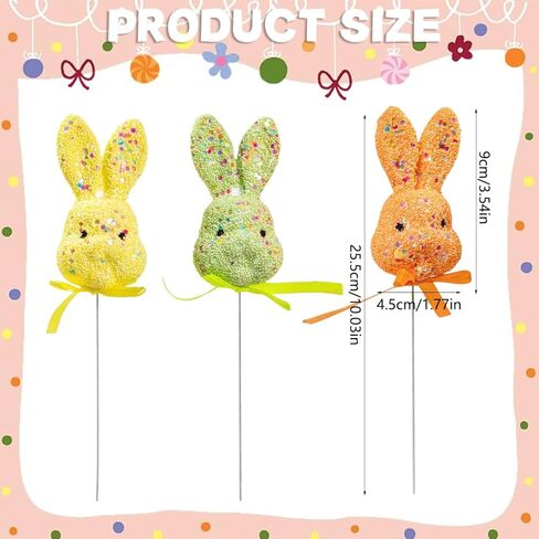 AUOCATTAIL 6 Pcs Easter Bunny Floral Picks Glitter Puffy Foam Colorful Rabbit Stems with Ribbon Bows Table Centerpiece Decoration Cake Topper Ornament for Easter Vase Farmhouse Holiday Party Supplies in Saudi Arabia