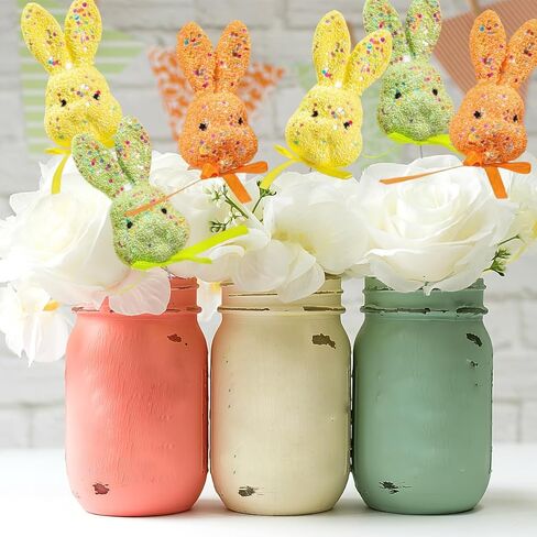 AUOCATTAIL 6 Pcs Easter Bunny Floral Picks Glitter Puffy Foam Colorful Rabbit Stems with Ribbon Bows Table Centerpiece Decoration Cake Topper Ornament for Easter Vase Farmhouse Holiday Party Supplies in Saudi Arabia