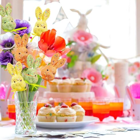 AUOCATTAIL 6 Pcs Easter Bunny Floral Picks Glitter Puffy Foam Colorful Rabbit Stems with Ribbon Bows Table Centerpiece Decoration Cake Topper Ornament for Easter Vase Farmhouse Holiday Party Supplies in Saudi Arabia