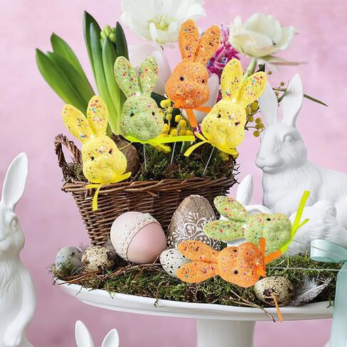 AUOCATTAIL 6 Pcs Easter Bunny Floral Picks Glitter Puffy Foam Colorful Rabbit Stems with Ribbon Bows Table Centerpiece Decoration Cake Topper Ornament for Easter Vase Farmhouse Holiday Party Supplies in Saudi Arabia