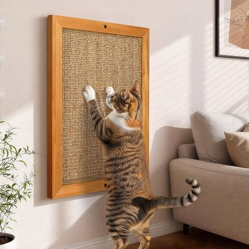 Wall Mounted Cat Scratching Post, Wooden Sisal Panel Scratcher, Natural Wood Frame with Durable Sisal Rope Surface for Cats，Space Saving Wall Furniture for Cats, Protects Furniture from Scratching in Saudi Arabia