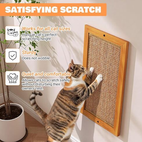 Wall Mounted Cat Scratching Post, Wooden Sisal Panel Scratcher, Natural Wood Frame with Durable Sisal Rope Surface for Cats，Space Saving Wall Furniture for Cats, Protects Furniture from Scratching in Saudi Arabia