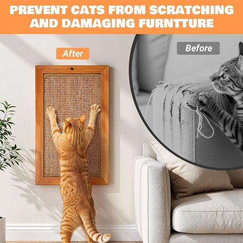 Wall Mounted Cat Scratching Post, Wooden Sisal Panel Scratcher, Natural Wood Frame with Durable Sisal Rope Surface for Cats，Space Saving Wall Furniture for Cats, Protects Furniture from Scratching in Saudi Arabia