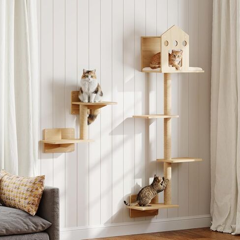 أرفف حائط للقطط من هوبرو، مجموعة من 2 أثاث حائط للقطط، أرفف خشبية للقطط مثبتة على الحائط مع منزل وخطوات وأعمدة خدش وجثم، أرفف موفرة للمساحة للقطط الداخلية، طبيعي NL47CS03 in Kuwait