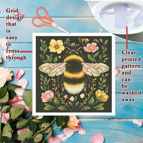 freebloss 11ct مختومة عبر الابره عدة للبالغين المبتدئين مع تعليمات النحل ونمط الأزهار عبر غرزة الجدار شنقا عدة التطريز جدار الفن الديكور لا الإطار 18x18in in Kuwait