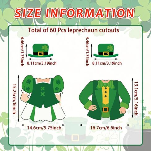 60Pcs St. Patrick's Day Paper Cutouts St. Patrick's Bulletin Board Decoration Leprechaun DIY Photo Craft Cutout Leprechaun Hat Classroom Supplies for Irish March Shamrock Party Chalkboard Wall Decor in Saudi Arabia