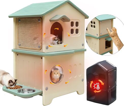 Cat House Outdoor Weatherpoof Plastic Cats Houses with Elevated Cat Bowls, Cat Scratch Pads and Escape Door, 2-Story Indoor Waterproof Feral/Pet Cat Shelter Outside for Multiple Cats, Grey in Saudi Arabia