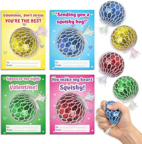 4E's Novelty 28 حزمة من كرات عيد الحب المضغوطة مع بطاقات وحقائب عيد الحب - ألعاب تململ الكرة الإسفنجية لتبادل هدايا عيد الحب في الفصول الدراسية للأطفال الأولاد والبنات، هدايا الحفلات in Kuwait