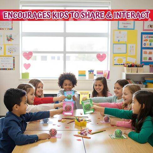 4E's Novelty 28 حزمة من كرات عيد الحب المضغوطة مع بطاقات وحقائب عيد الحب - ألعاب تململ الكرة الإسفنجية لتبادل هدايا عيد الحب في الفصول الدراسية للأطفال الأولاد والبنات، هدايا الحفلات in Kuwait