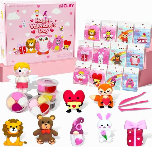 مجموعة الطين الجاف بالهواء لعيد الحب للأطفال - 12 صندوقًا من مجموعات الحرف اليدوية المصنوعة من الطين مع أدوات النحت والبرامج التعليمية لتبادل الهدايا في الفصل الدراسي، ومفضلات الحفلات، والأنشطة الفنية وهدايا عيد الحب in Kuwait