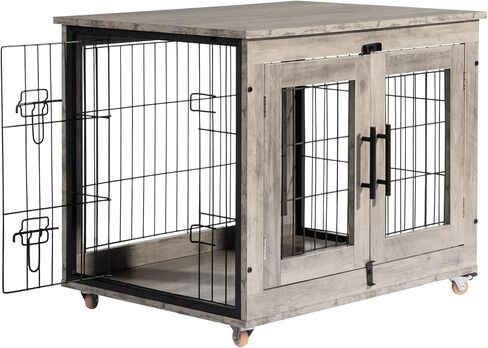 VINGLI Dog Crate Furniture, 32'' Wooden Dog Kennel with Wheels, Double Doors Indoor Dog Cage End Table, Grey (Medium-32 inch) in Saudi Arabia