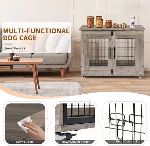 VINGLI Dog Crate Furniture, 32'' Wooden Dog Kennel with Wheels, Double Doors Indoor Dog Cage End Table, Grey (Medium-32 inch) in Saudi Arabia
