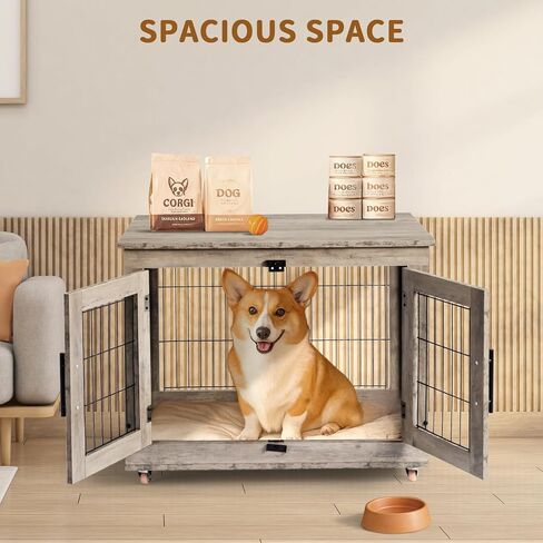 VINGLI Dog Crate Furniture, 32'' Wooden Dog Kennel with Wheels, Double Doors Indoor Dog Cage End Table, Grey (Medium-32 inch) in Saudi Arabia
