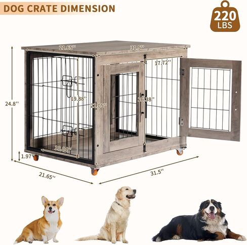 VINGLI Dog Crate Furniture, 32'' Wooden Dog Kennel with Wheels, Double Doors Indoor Dog Cage End Table, Grey (Medium-32 inch) in Saudi Arabia