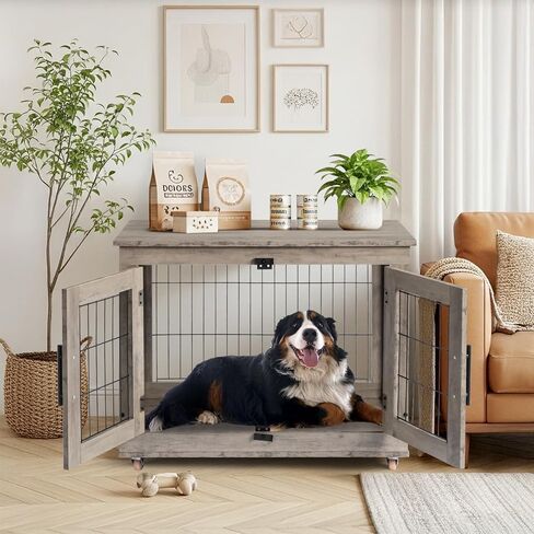 VINGLI Dog Crate Furniture, 32'' Wooden Dog Kennel with Wheels, Double Doors Indoor Dog Cage End Table, Grey (Medium-32 inch) in Saudi Arabia