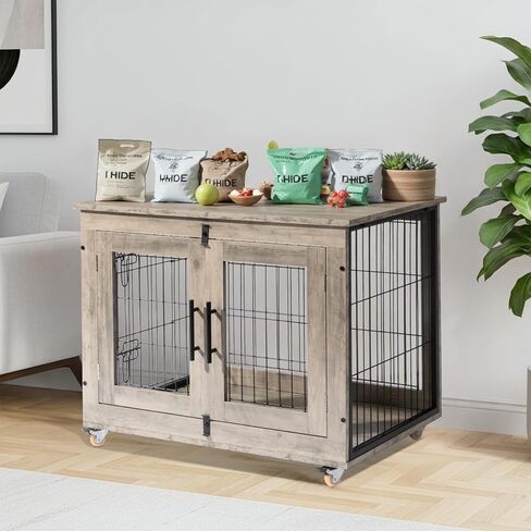 VINGLI Dog Crate Furniture, 32'' Wooden Dog Kennel with Wheels, Double Doors Indoor Dog Cage End Table, Grey (Medium-32 inch) in Saudi Arabia