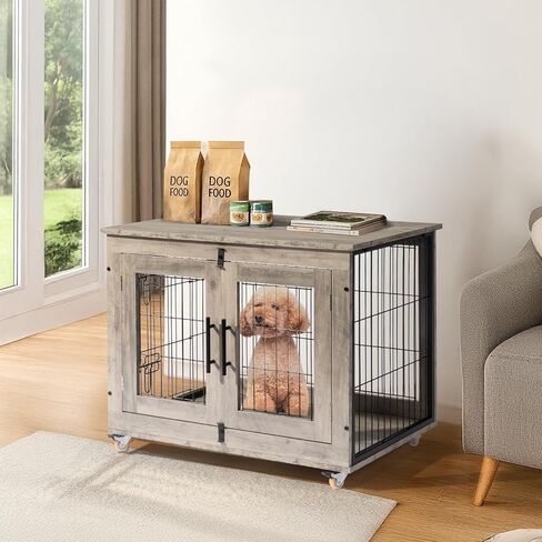VINGLI Dog Crate Furniture, 32'' Wooden Dog Kennel with Wheels, Double Doors Indoor Dog Cage End Table, Grey (Medium-32 inch) in Saudi Arabia