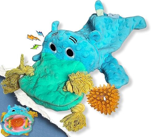 4 in 1 Squeaky Dog Toy-No Stuffing Dog Toy-Squeaker,Ropes & Surprise ball-like play item for Small Medium Large Breed-for Chewing,Teething&Fetch-Durable Pet-Safe Materials-Blue Plush Hippo in Gift box in Saudi Arabia