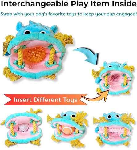 4 in 1 Squeaky Dog Toy-No Stuffing Dog Toy-Squeaker,Ropes & Surprise ball-like play item for Small Medium Large Breed-for Chewing,Teething&Fetch-Durable Pet-Safe Materials-Blue Plush Hippo in Gift box in Saudi Arabia