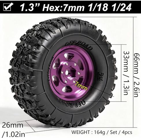 مجموعة عجلات ألومنيوم Beadlock مقاس 1.3 بوصة وإطارات للتضاريس الطينية مقاس 1/18 1/24، -6.0 مم لسيارة زاحفة RC تناسب TRX4M، Axial SCX24 AX24، Redcat Ascent-18 FCX24، 66 × 26 مم، 4 قطع مجمعة مسبقًا، أرجواني in Kuwait