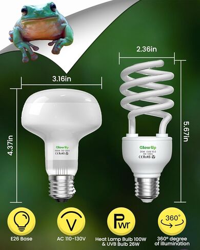 GlowUp UVA UVB Light Bulbs for Reptiles E26 Combo Pack 110V - 100W Reptile Heat Lamp Bulb + 26W 10.0 UVB Bulb Provide Heat, Light, D3 and UV for Bearded Dragon, Tortoise, Lizard in Saudi Arabia