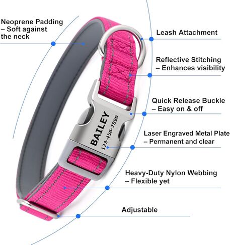 Personalized Dog Collars with Laser Engraved Name & Phone Number – Reflective Nylon Custom Pet Collar, Neoprene Padded, Adjustable for Small Medium Large Dogs with Quick Release Buckle in Kuwait