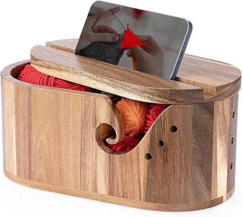 وعاء غزل خشبي كبير مع غطاء من ليتل وورلد، حامل غزل كروشيه بيضاوي للحياكة مع فتحات تجعيد مزدوجة لمنع التشابك، هدية للحياكة والكروشيه in Kuwait