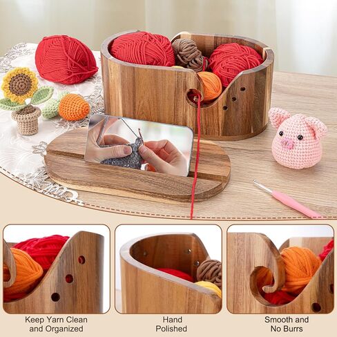 وعاء غزل خشبي كبير مع غطاء من ليتل وورلد، حامل غزل كروشيه بيضاوي للحياكة مع فتحات تجعيد مزدوجة لمنع التشابك، هدية للحياكة والكروشيه in Kuwait