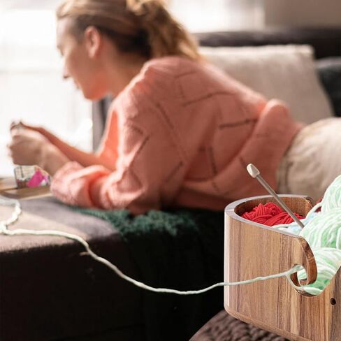 وعاء غزل خشبي كبير مع غطاء من ليتل وورلد، حامل غزل كروشيه بيضاوي للحياكة مع فتحات تجعيد مزدوجة لمنع التشابك، هدية للحياكة والكروشيه in Kuwait