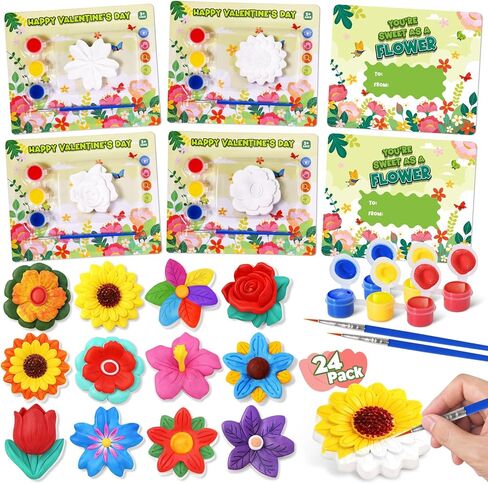 Valentine's Day Cards for Kids school, 24 PACK Valentine's Day Cards for Kids with Flowers Plaster Painting Kit, Valentines Day Gifts for Kids for School Classroom Exchange, Valentines Party Favors in Saudi Arabia