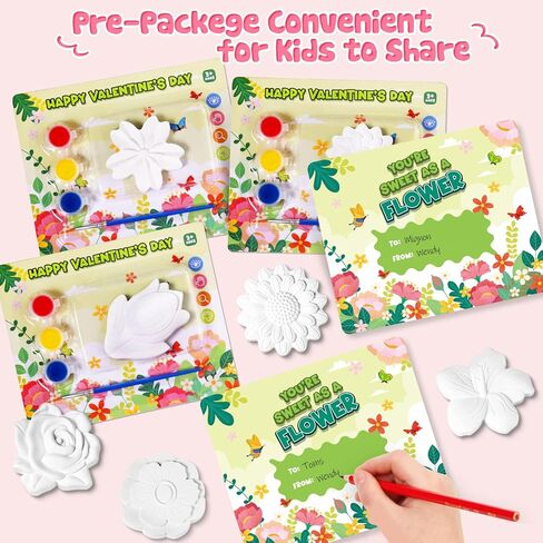 Valentine's Day Cards for Kids school, 24 PACK Valentine's Day Cards for Kids with Flowers Plaster Painting Kit, Valentines Day Gifts for Kids for School Classroom Exchange, Valentines Party Favors in Saudi Arabia